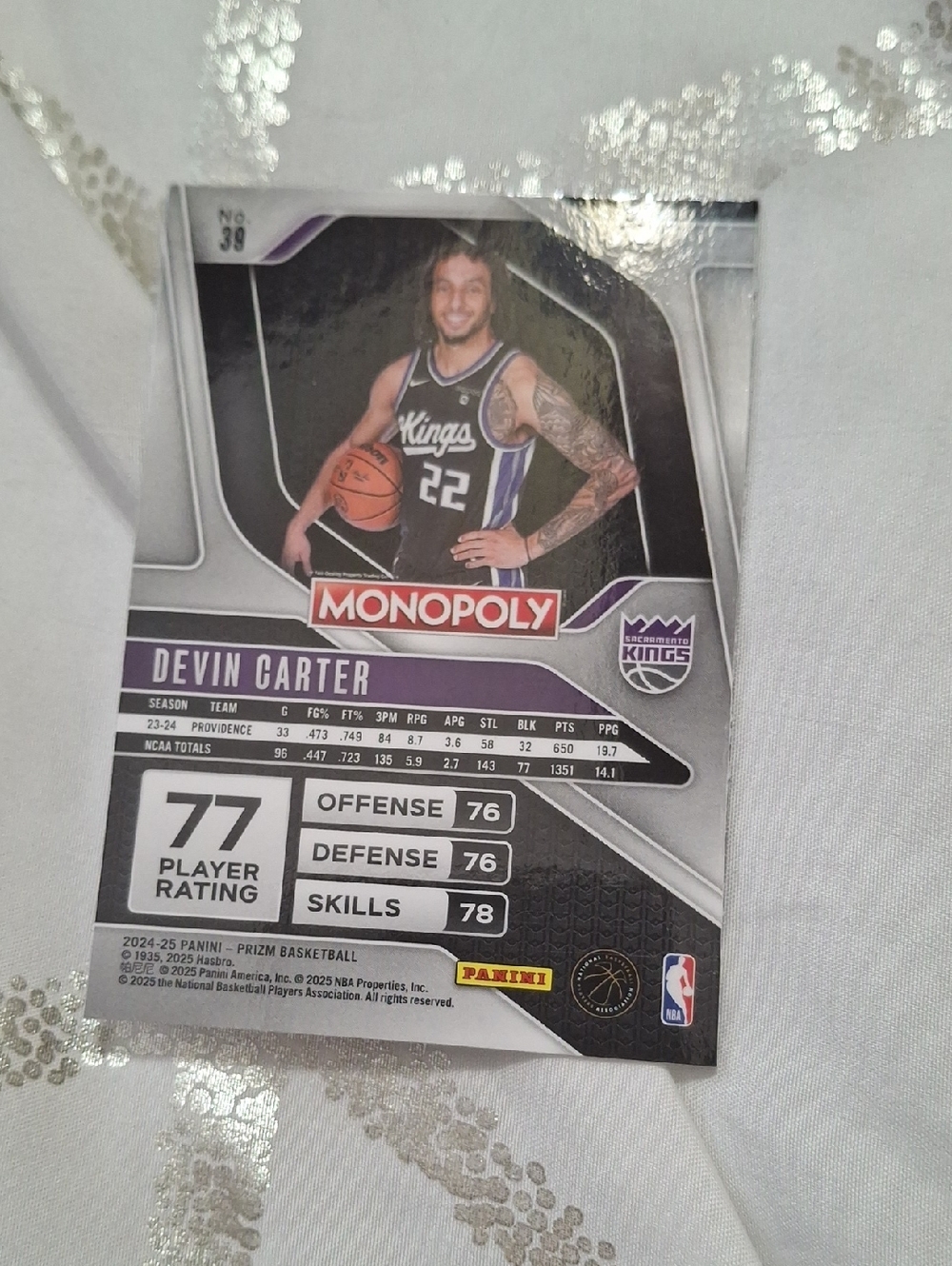 Monopoly Devin Carter Sacramento Kings Basketball Card - Black & Purple